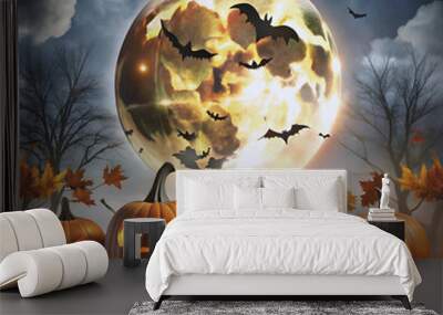 Free Photo Halloween pumpkin bats horror background in night moon generative ai  Wall mural