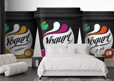 Yogurt vector packaging design. Fruit and nuts yogurt set. Wall mural