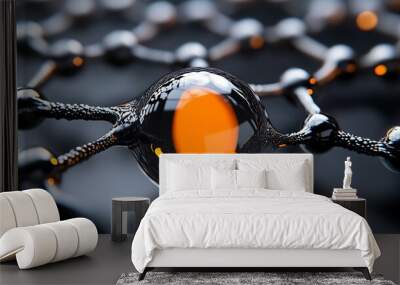 Abstract  D Render of Molecular Structure with Metallic Spheres and Orange Glow Wall mural