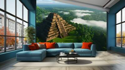 Ancient Mayan Pyramid in Lush Jungle with Morning Mist Wall mural