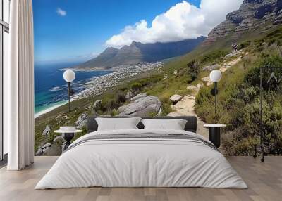 Hiking Trail with Mountain Views and Ocean in Background Wall mural