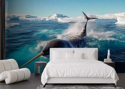 Narwhal Swimming in Arctic Ocean with Icebergs Wall mural