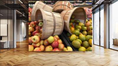 Bushels of red apples and ripe mangoes at a fruit stall. Wall mural