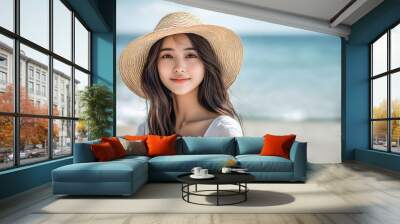 portrait of a woman on the beach , Happy cheerful young asian woman Wall mural