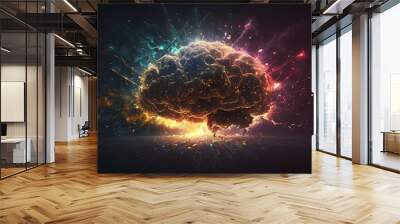 Brain splashing with ideas concept style. Colorful and beautiful brain with espectacular lights from the inside. Wall mural