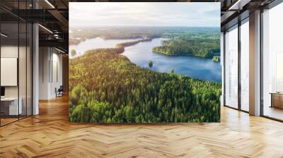  Lake system surrounded with green forest in Finland, aerial landscape. Nature exploration concept. Wall mural