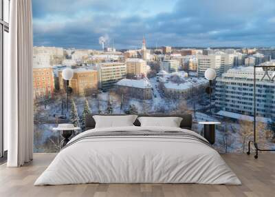 Aerial panoramic view of Tampere city at winter, Finland Wall mural