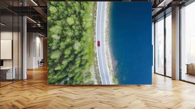 Aerial view of mountain curve road with red car. Aerial view of road between green  forest and blue lake. Top view from flying drone. Wall mural