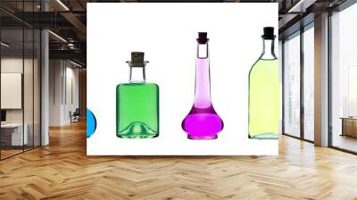 Collection of beautiful bottles of different shapes with colorful liquids isolated on a white background. Wall mural