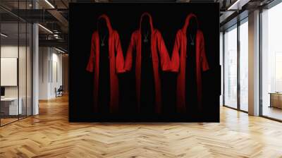 Group of mystery people in a red hooded cloaks.  Unrecognizable person. Hiding face in shadow. Ghostly figure. Satanic sect member. Conspiracy concept. Isolated on black. Wall mural