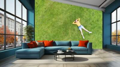 Happy young girl lying on green grass and dreaming. Copy space, view from above. Wall mural