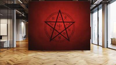 Pentagram symbol painted on paper with black paint. Occult and esoteric symbols. Spell or black magic ritual. Red color. Wall mural