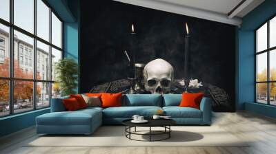 witchcraft composition with burning candles, human skull, bones, herbs and pentagram symbol. hallowe Wall mural