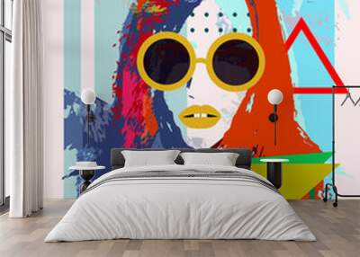 Sexy girl with mouse ears and yellow lips, funky pop art background. Colorful geometric vector. Wall mural