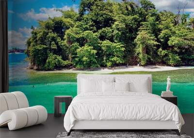 Beautiful caribbean island beach lagoon, white sand, turquoise water, green forest trees - Port Antonio, San San Beach, Jamaica Wall mural