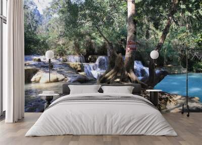 Scenic view on cascades and natural blue pool of idyllic Kuang Si waterfalls in jungle near Luang Prabang, Laos Wall mural