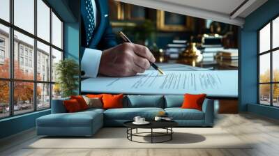 A distinguished individual signs an official document on a polished desk, surrounded by a sophisticated office setting. Wall mural