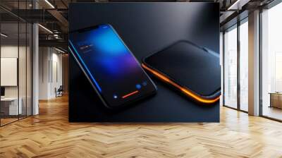 A sleek smartphone and a wireless charger sit on a dark surface, showcasing modern technology and design with vibrant colors and illuminated edges. Wall mural