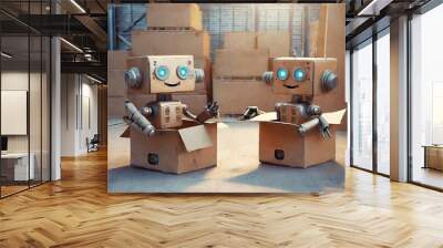 Two laughing cute retro brown robots smiling and talking while sitting in cardboard boxes on the floor inside a warehouse  Wall mural