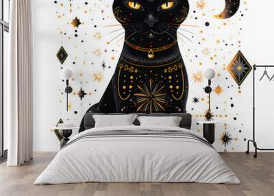  Mystical black cat illustration with cosmic designs celestial stars magical feline symbolism enchanted night witchcraft spirit animal astrology third eye occult supernatural artistic fantasy Wall mural