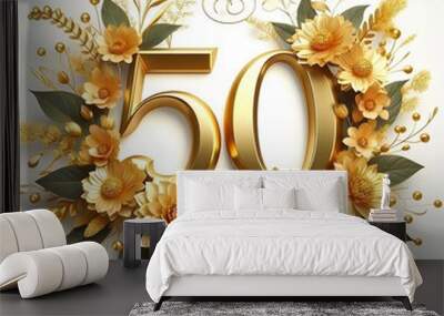 50 th golden texture with golden flowers on white background Wall mural