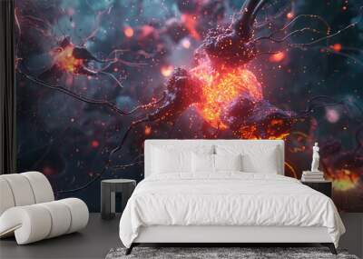 Close-up of glowing neurons firing in the brain neural connections biological network synapses scientific illustration neuroscience activity electrical impulses nervous system anatomy

 Wall mural