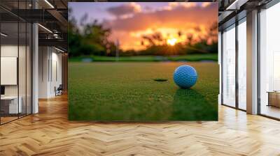 Golf ball on green beautiful sunset golf course serene evening sky peaceful sports landscape outdoor relaxation nature play putting green golf lover photography scenic calm

 Wall mural