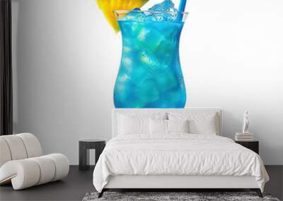 Glass of Blue Lagoon cocktail, toped with pineapple cherry and ice isolated on white background.
 Wall mural