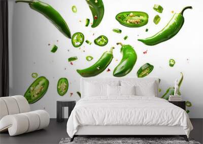 jalapeno pepper falling over white, with pieces and seeds, hot spice seasoning., isolated on white b Wall mural