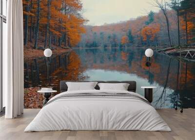 Golden leaves mirror in calm water, painting nature's canvas with autumn beauty Wall mural