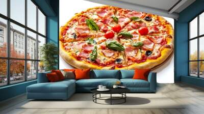 Isolated crispy pizza crust topped with melted mozzarella, tangy tomato sauce, and savory pepperoni slices Wall mural