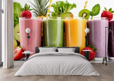 row of healthy fresh fruit and vegetable smoothies on a white background Wall mural