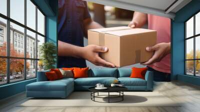 Delivery man delivering holding parcel cardboard box to customer Wall mural