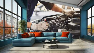 mechanic working on car engine repair service Wall mural