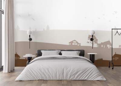 brown grey vector landscape with trees fountain birds and village Wall mural