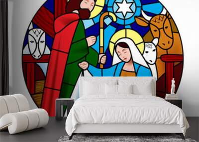 Circle shape with the birth of Jesus Christ scene in stained glass style Wall mural