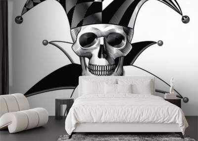 Engraved vintage drawing of a human skull full face in a Joker hat Wall mural