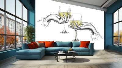 Hands holding a glasses with white wine. Friends raising a toast with glasses of wine at family dinner. Friends cheering with wine glasses. Vintage engraving stylized drawing. Vector illustration Wall mural