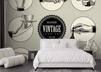 Set of round icons in vintage engraving style with hands and accessories Wall mural