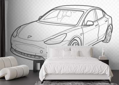 Vector contour car on transparent background. Tesla electrocar outline. Wall mural