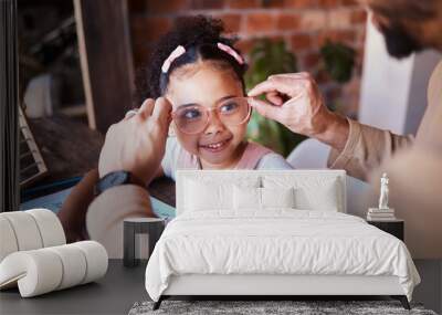 Glasses, smile and a child with a father and homework in a house with help and education. Happy, family and a father with eyewear for a girl kid during homeschool work, learning and teaching Wall mural