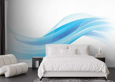 Abstract blue waves on white background. Curved transparent wave lines. Wall mural