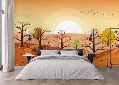 Autumn countryside landscape with river. Landscapes of mountains with trees and falling yellow, red foliage. Horizontal panoramic autumn landscape. Wall mural