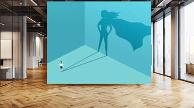 Businesswoman with shadow superhero. Super manager leader in business. Concept of success, quality of leadership, trust, emancipation. Vector illustration Wall mural