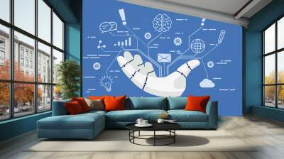 Chat bot, robot hand with icons. Artificial intelligence concept online. Wall mural