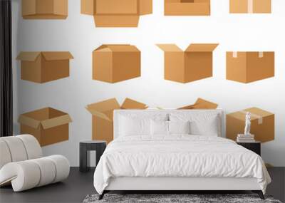 Empty cardboard packages boxes, set of open and closed delivery packaging, front view, top view, side view, angled. Paper mail boxes various shapes. Wall mural