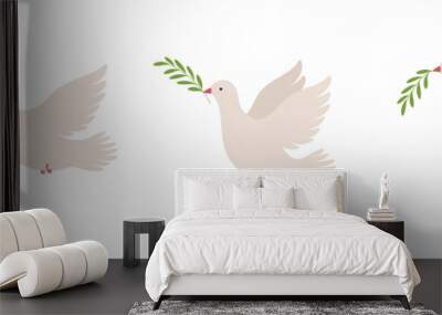 Flying dove with olive branch in different positions, symbol peace. Pigeon sign. Wall mural