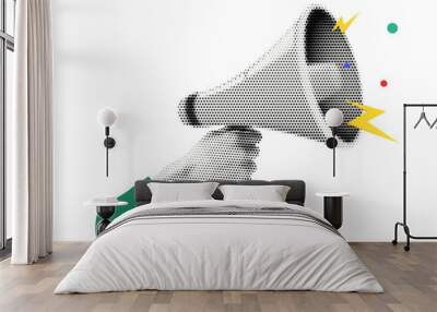 Halftone megaphone, loudspeaker in hand. Advertising speaker with lightning, collage in retro style. Wall mural