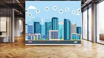 Smart City with business signs. Online concept modern city. City landscape with transport infrastructure Wall mural