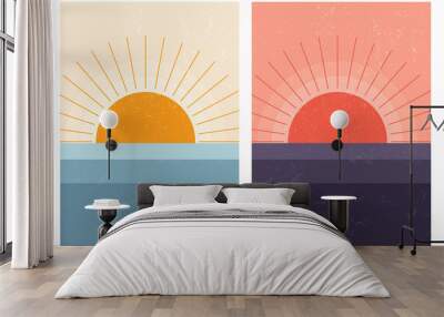 Sunset sunrise in sea. Abstract mid-century modern Scandinavian landscape. Minimal art nature background. Wall mural